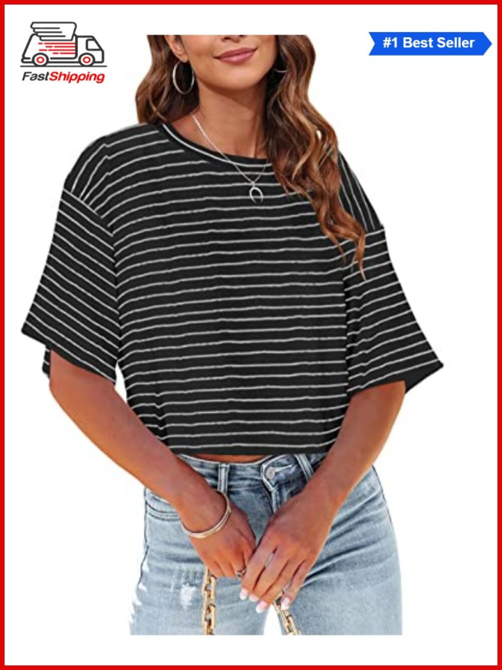 ✨ Tankaneo Womens Summer Crop Top Half Sleeve Striped Casual Cropped T-Shirt